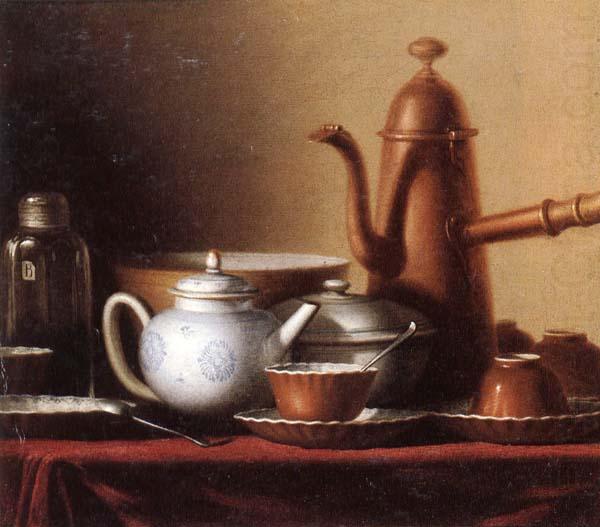 Still life of a chocolate pot,teapot,sucrier,bowl,teajar,tea cups and saucers,and silver spoons,all upon a draped table top, unknow artist